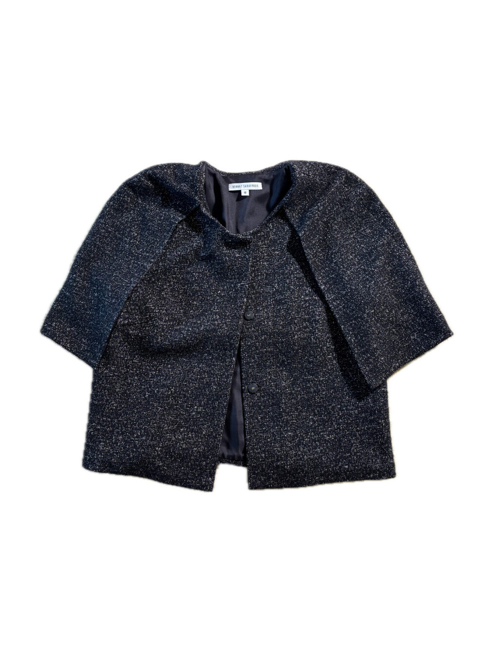Behnaz Sarafpour Fitted Cropped Cape Metallic Silver Black Textured Weave